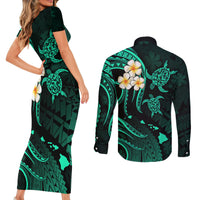 Polynesian Hawaii Couples Short Sleeve Bodycon Dress and Long Sleeve Button Shirts Kahoolawe Islands with Pacific Plumeria Turquoise Vibe LT9 - Polynesian Pride