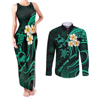 Polynesian Hawaii Couples Matching Tank Maxi Dress and Long Sleeve Button Shirts Kahoolawe Islands with Pacific Plumeria Turquoise Vibe LT9 Turquoise - Polynesian Pride