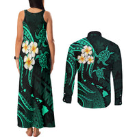Polynesian Hawaii Couples Matching Tank Maxi Dress and Long Sleeve Button Shirts Kahoolawe Islands with Pacific Plumeria Turquoise Vibe LT9 - Polynesian Pride