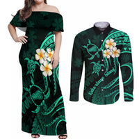 Polynesian Hawaii Couples Off Shoulder Maxi Dress and Long Sleeve Button Shirts Kahoolawe Islands with Pacific Plumeria Turquoise Vibe LT9 Turquoise - Polynesian Pride