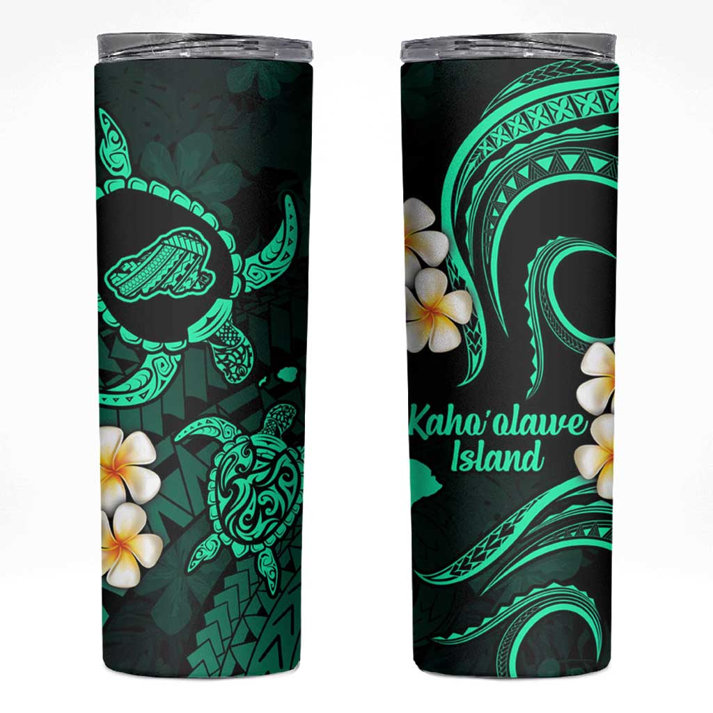 Hawaii Kahoolawe Islands Pacific Plumeria Skinny Tumbler Turquoise Polynesian Tattoo LT9 Turquoise - Polynesian Pride