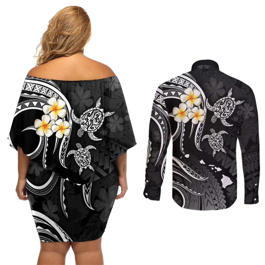 Polynesian Hawaii Couples Off Shoulder Short Dress and Long Sleeve Button Shirts Kahoolawe Islands with Pacific Plumeria White Vibe LT9 - Polynesian Pride