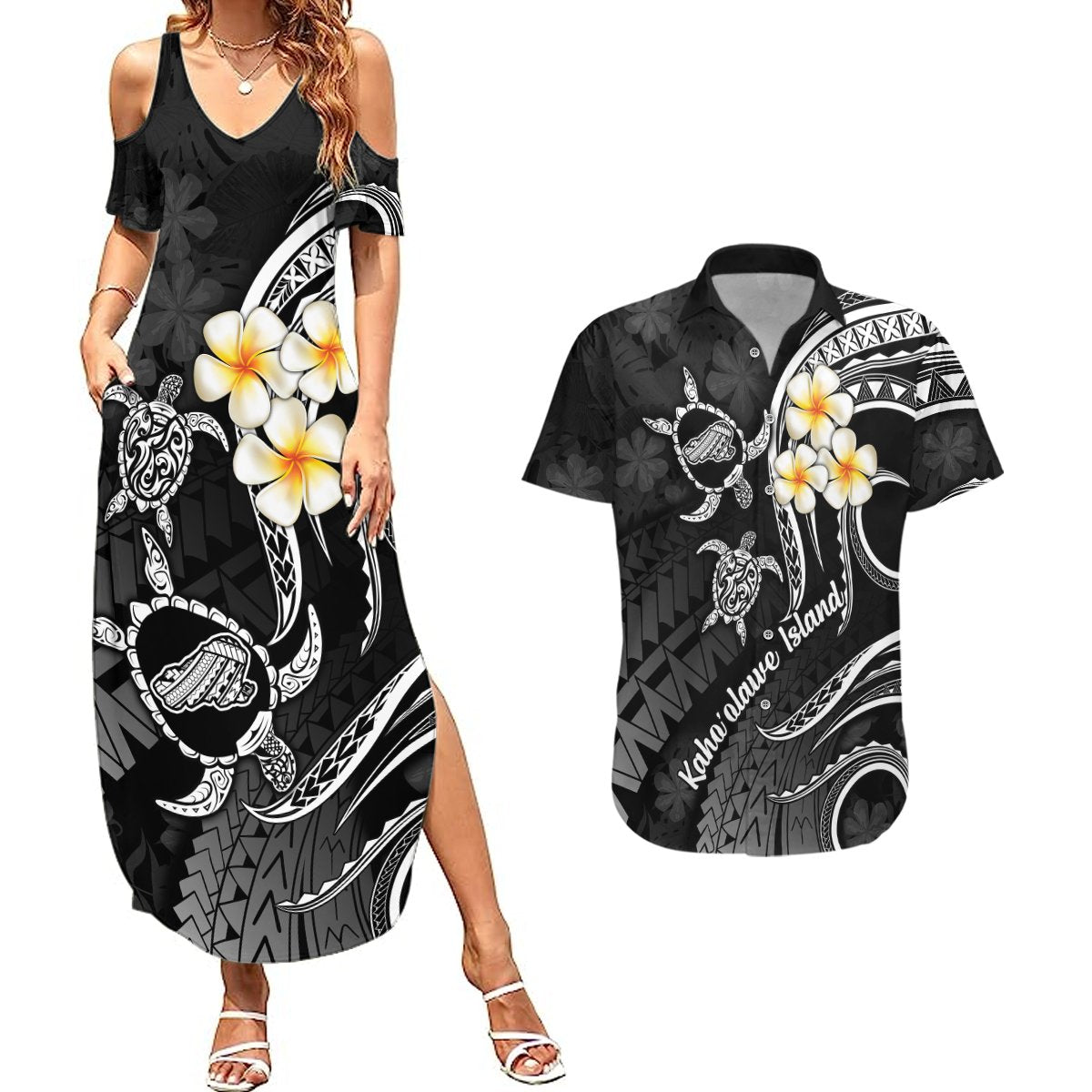 Polynesian Hawaii Couples Summer Maxi Dress and Hawaiian Shirt Kahoolawe Islands with Pacific Plumeria White Vibe LT9 White - Polynesian Pride