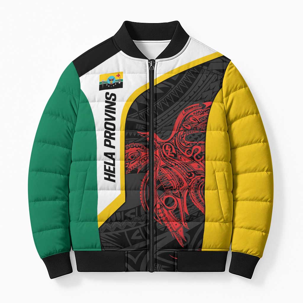 Personalised PNG Hela Province Bomber Puffer Jacket Bird of Paradise Tattoo Flag Motif LT9 Unisex Yellow - Polynesian Pride