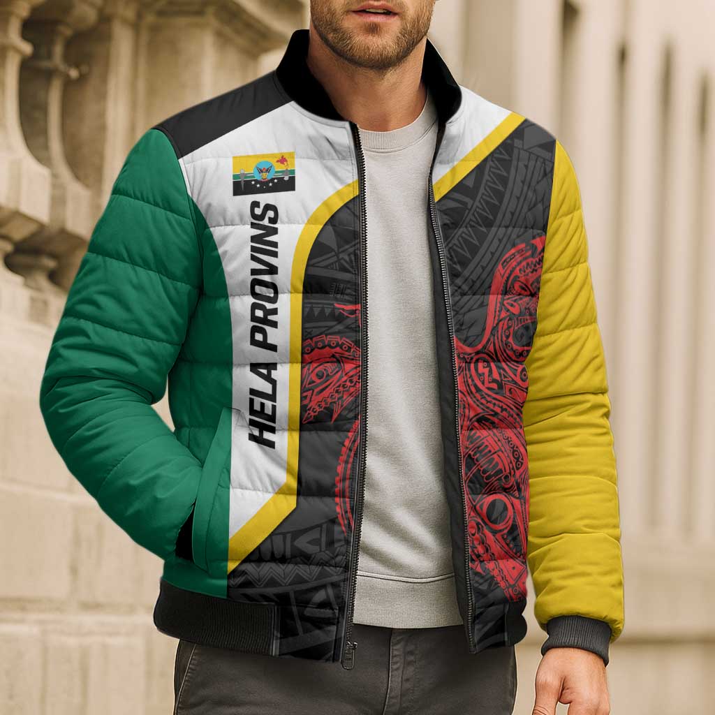 Personalised PNG Hela Province Bomber Puffer Jacket Bird of Paradise Tattoo Flag Motif LT9 - Polynesian Pride