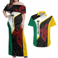 Personalised PNG Hela Province Couples Matching Off Shoulder Maxi Dress and Hawaiian Shirt Bird of Paradise Tattoo Flag Motif LT9 Yellow - Polynesian Pride