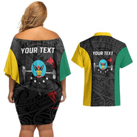 Personalised PNG Hela Province Couples Matching Off Shoulder Short Dress and Hawaiian Shirt Bird of Paradise Tattoo Flag Motif LT9 - Polynesian Pride