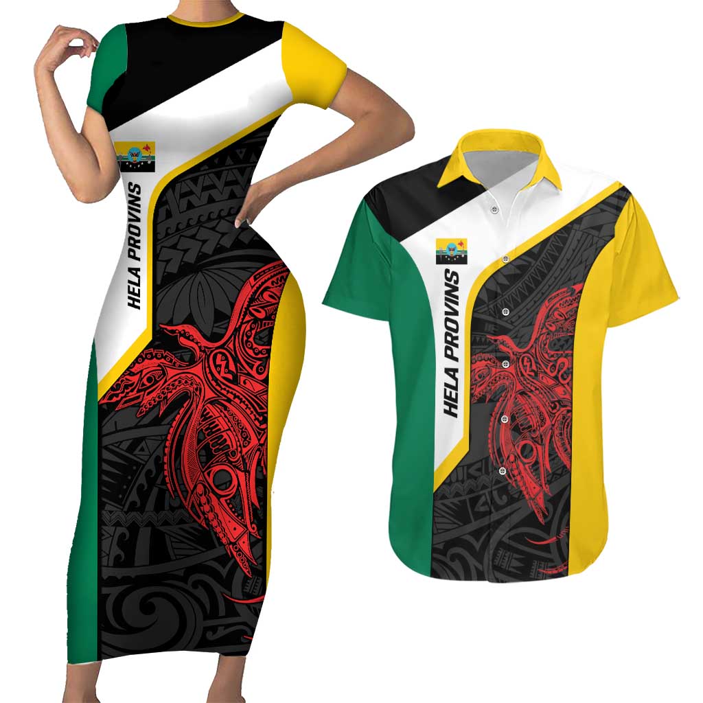 Personalised PNG Hela Province Couples Matching Short Sleeve Bodycon Dress and Hawaiian Shirt Bird of Paradise Tattoo Flag Motif LT9 Yellow - Polynesian Pride