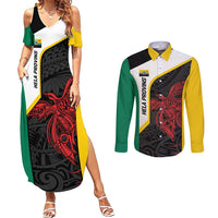 Personalised PNG Hela Province Couples Matching Summer Maxi Dress and Long Sleeve Button Shirt Bird of Paradise Tattoo Flag Motif LT9 Yellow - Polynesian Pride