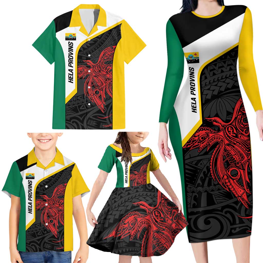 Personalised PNG Hela Province Family Matching Long Sleeve Bodycon Dress and Hawaiian Shirt Bird of Paradise Tattoo Flag Motif LT9 - Polynesian Pride