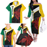 Personalised PNG Hela Province Family Matching Off The Shoulder Long Sleeve Dress and Hawaiian Shirt Bird of Paradise Tattoo Flag Motif LT9 - Polynesian Pride