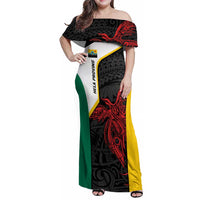 Personalised PNG Hela Province Family Matching Off Shoulder Maxi Dress and Hawaiian Shirt Bird of Paradise Tattoo Flag Motif LT9 Mom's Dress Yellow - Polynesian Pride