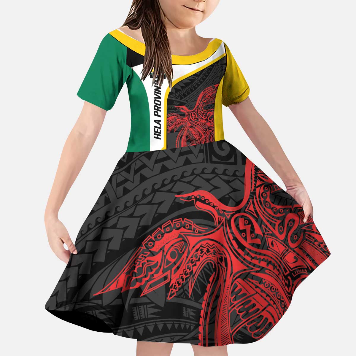 Personalised PNG Hela Province Kid Short Sleeve Dress Bird of Paradise Tattoo Flag Motif - Polynesian Pride