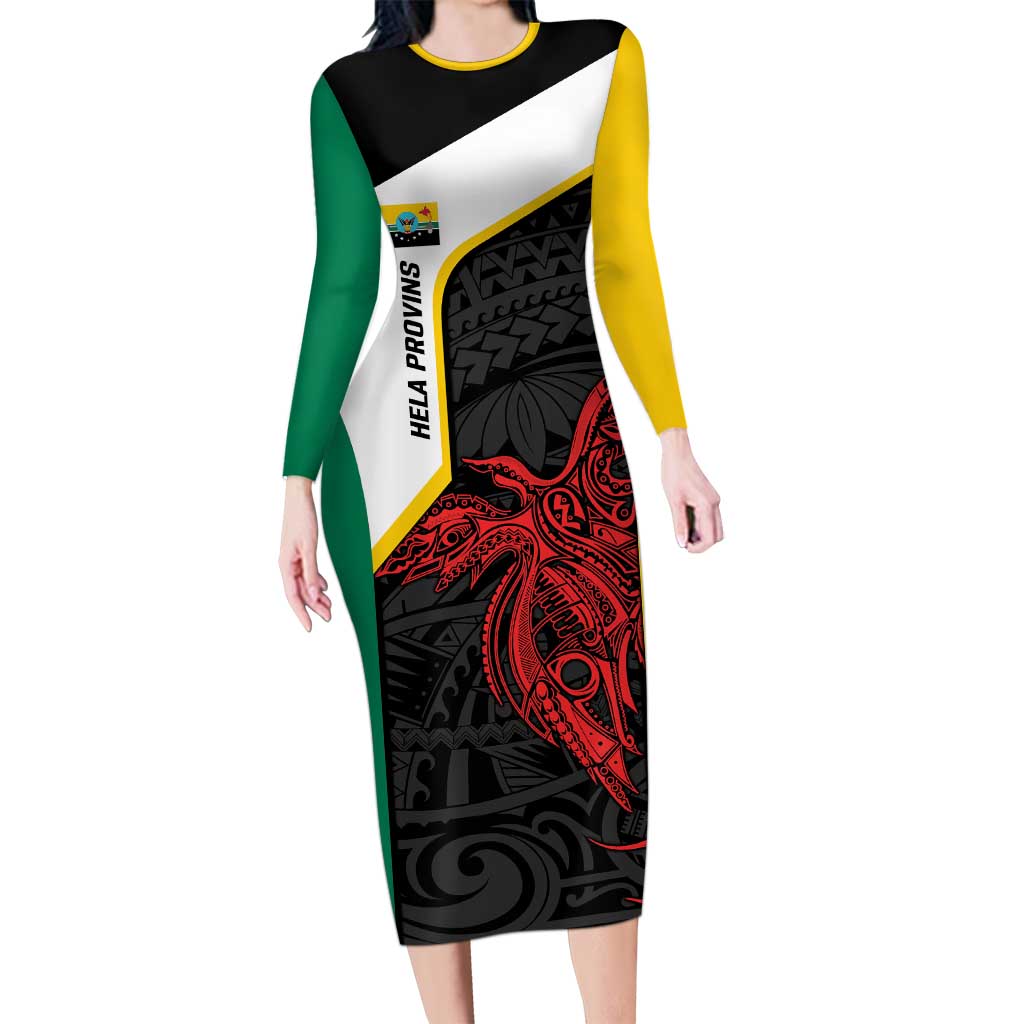 Personalised PNG Hela Province Long Sleeve Bodycon Dress Bird of Paradise Tattoo Flag Motif LT9 Long Dress Yellow - Polynesian Pride