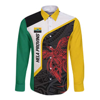 Personalised PNG Hela Province Long Sleeve Button Shirt Bird of Paradise Tattoo Flag Motif LT9 Unisex Yellow - Polynesian Pride
