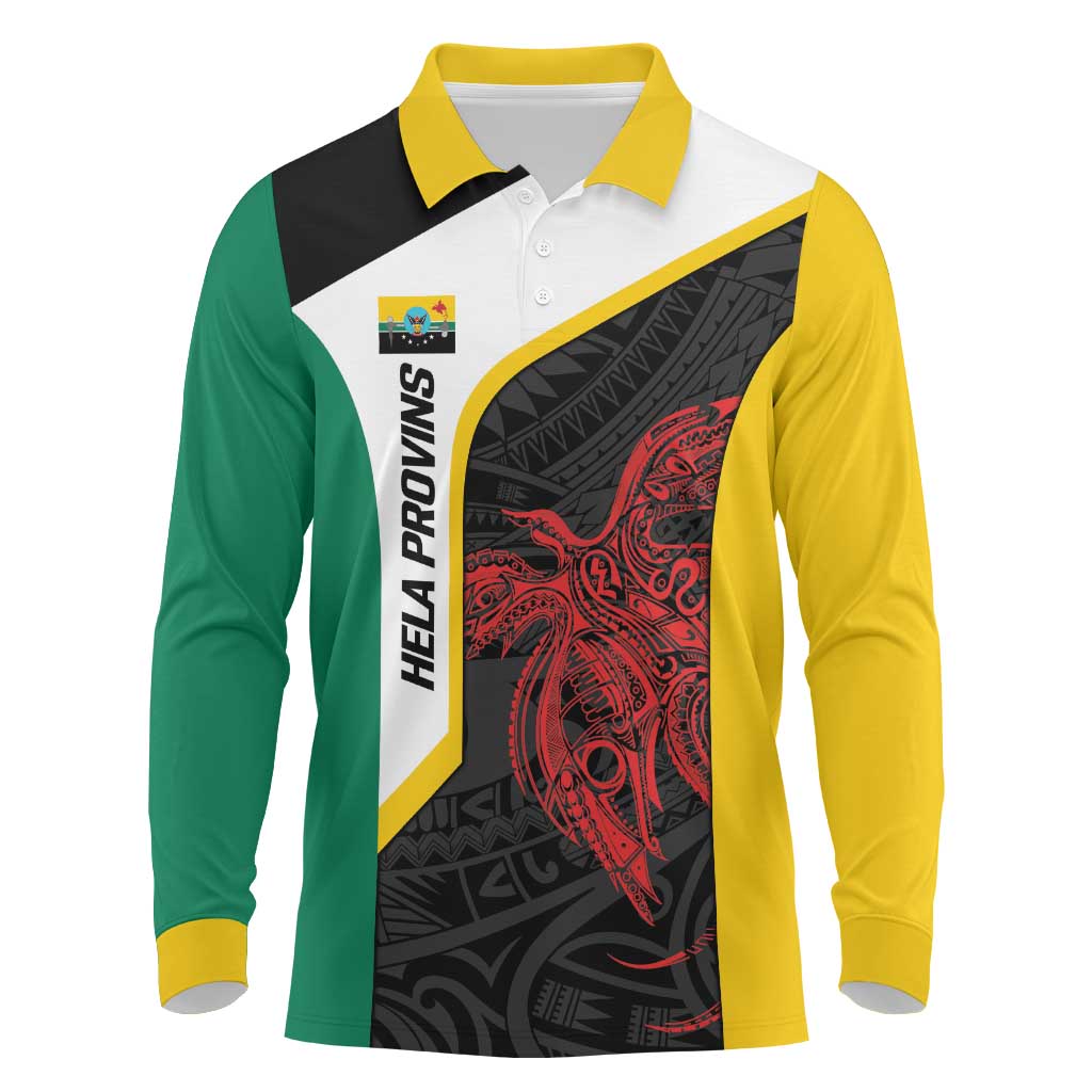 Personalised PNG Hela Province Long Sleeve Polo Shirt Bird of Paradise Tattoo Flag Motif LT9 Yellow - Polynesian Pride