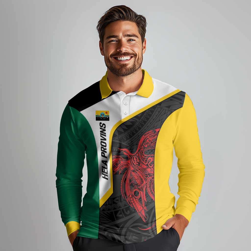 Personalised PNG Hela Province Long Sleeve Polo Shirt Bird of Paradise Tattoo Flag Motif LT9 - Polynesian Pride