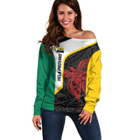 Personalised PNG Hela Province Off Shoulder Sweater Bird of Paradise Tattoo Flag Motif LT9 Women Yellow - Polynesian Pride
