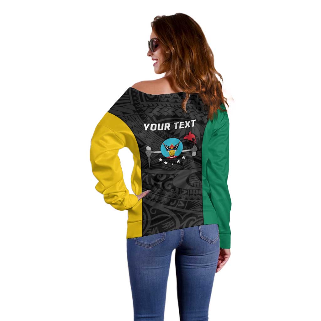 Personalised PNG Hela Province Off Shoulder Sweater Bird of Paradise Tattoo Flag Motif LT9 - Polynesian Pride