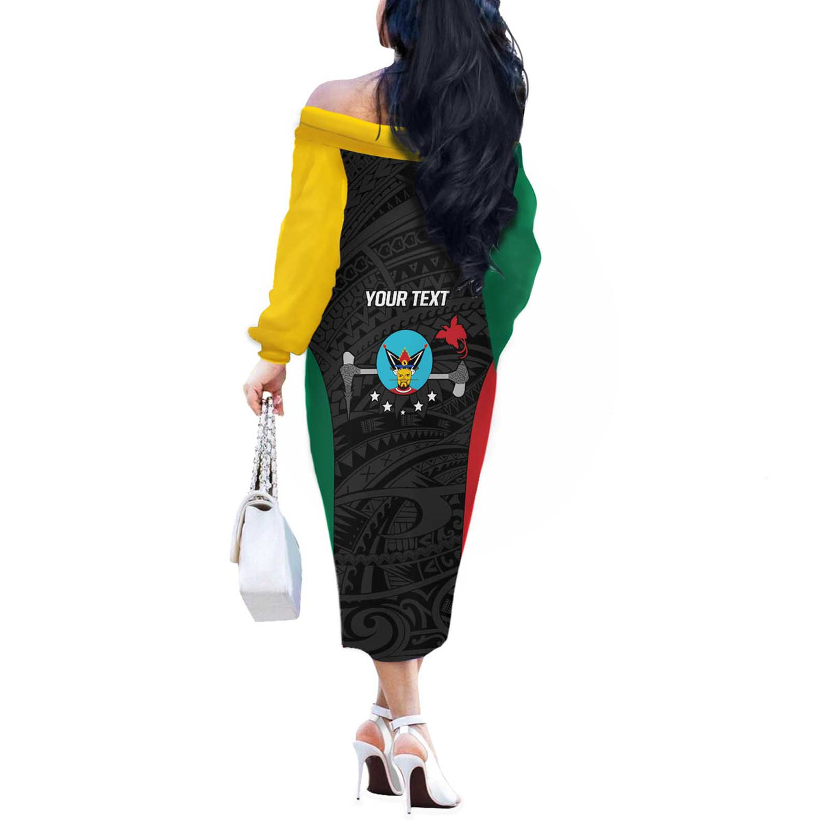 Personalised PNG Hela Province Off The Shoulder Long Sleeve Dress Bird of Paradise Tattoo Flag Motif LT9 - Polynesian Pride