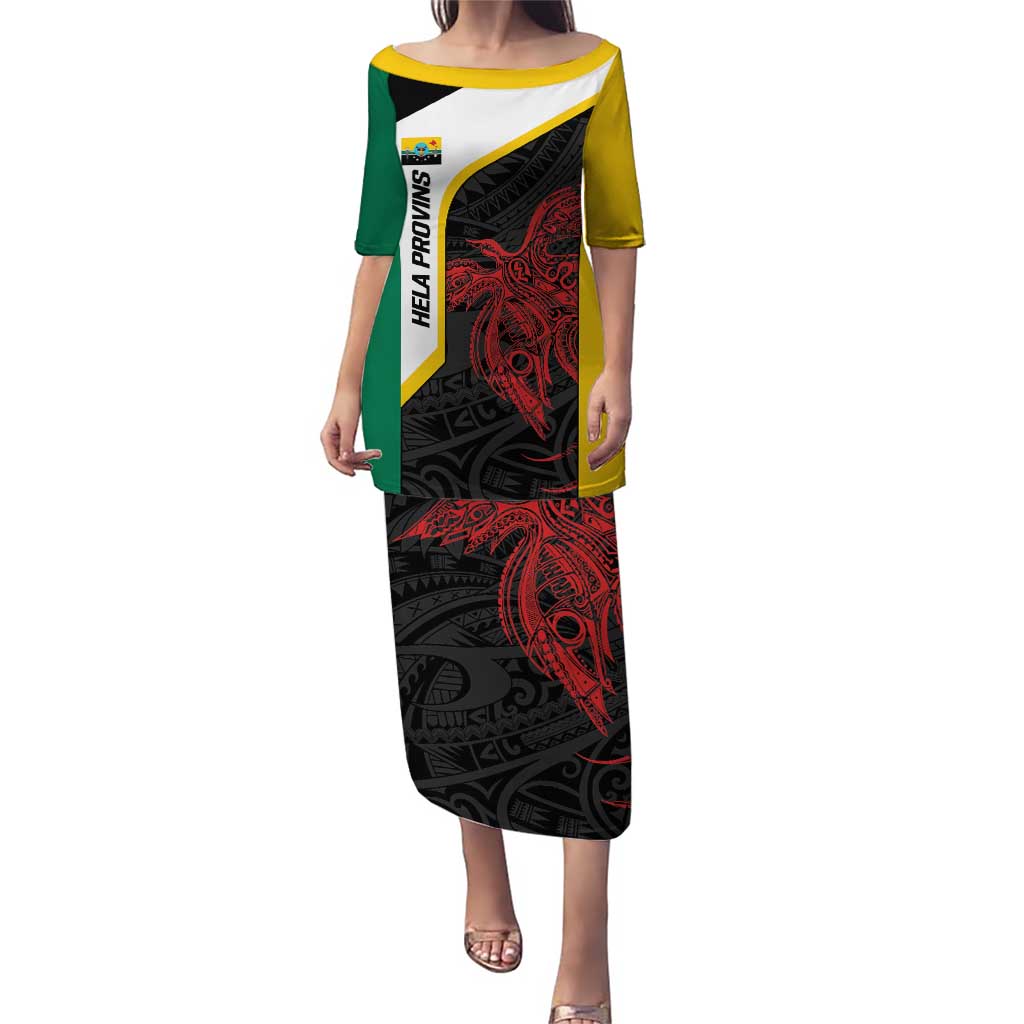 Personalised PNG Hela Province Puletasi Bird of Paradise Tattoo Flag Motif LT9 Long Dress Yellow - Polynesian Pride