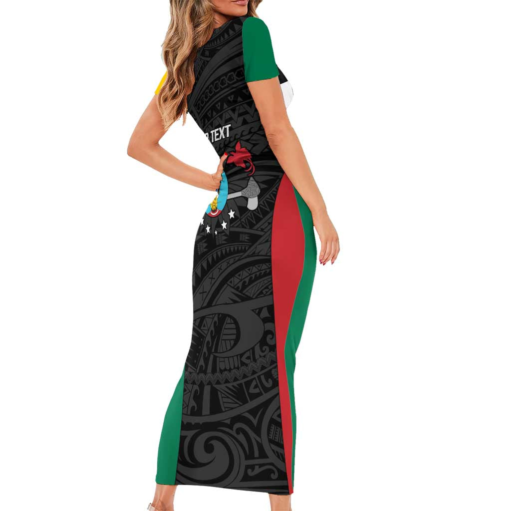 Personalised PNG Hela Province Short Sleeve Bodycon Dress Bird of Paradise Tattoo Flag Motif LT9 - Polynesian Pride