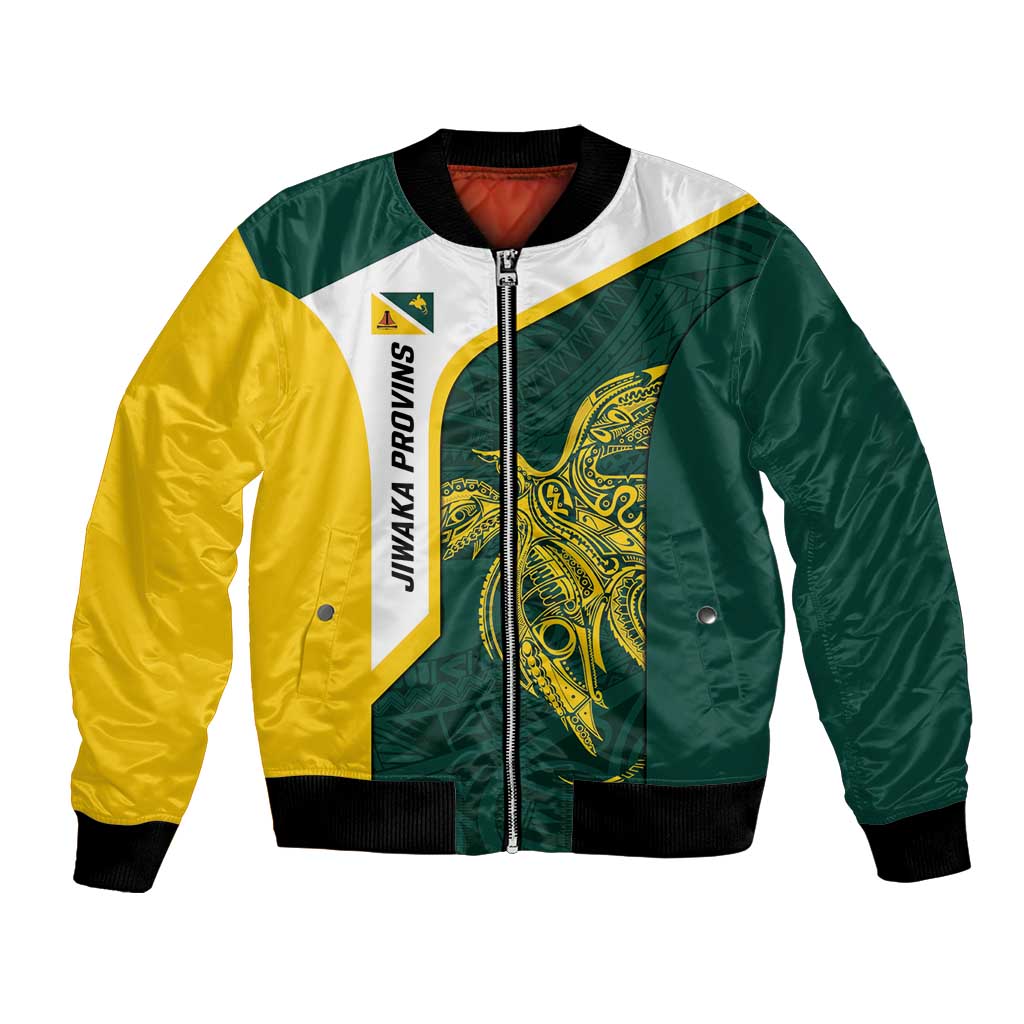 Personalised PNG Jiwaka Province Bomber Jacket Bird of Paradise Tattoo Flag Motif LT9 Unisex Green - Polynesian Pride