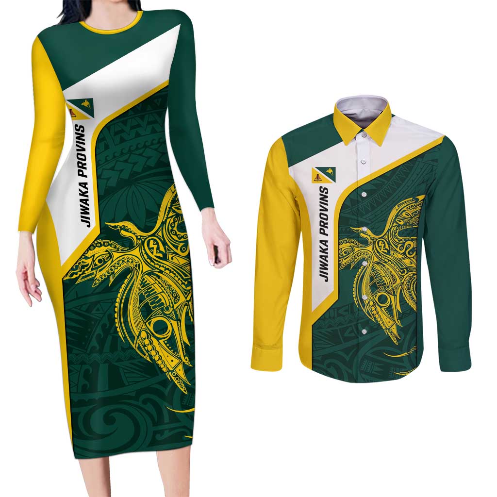 Personalised PNG Jiwaka Province Couples Matching Long Sleeve Bodycon Dress and Long Sleeve Button Shirt Bird of Paradise Tattoo Flag Motif LT9 Green - Polynesian Pride