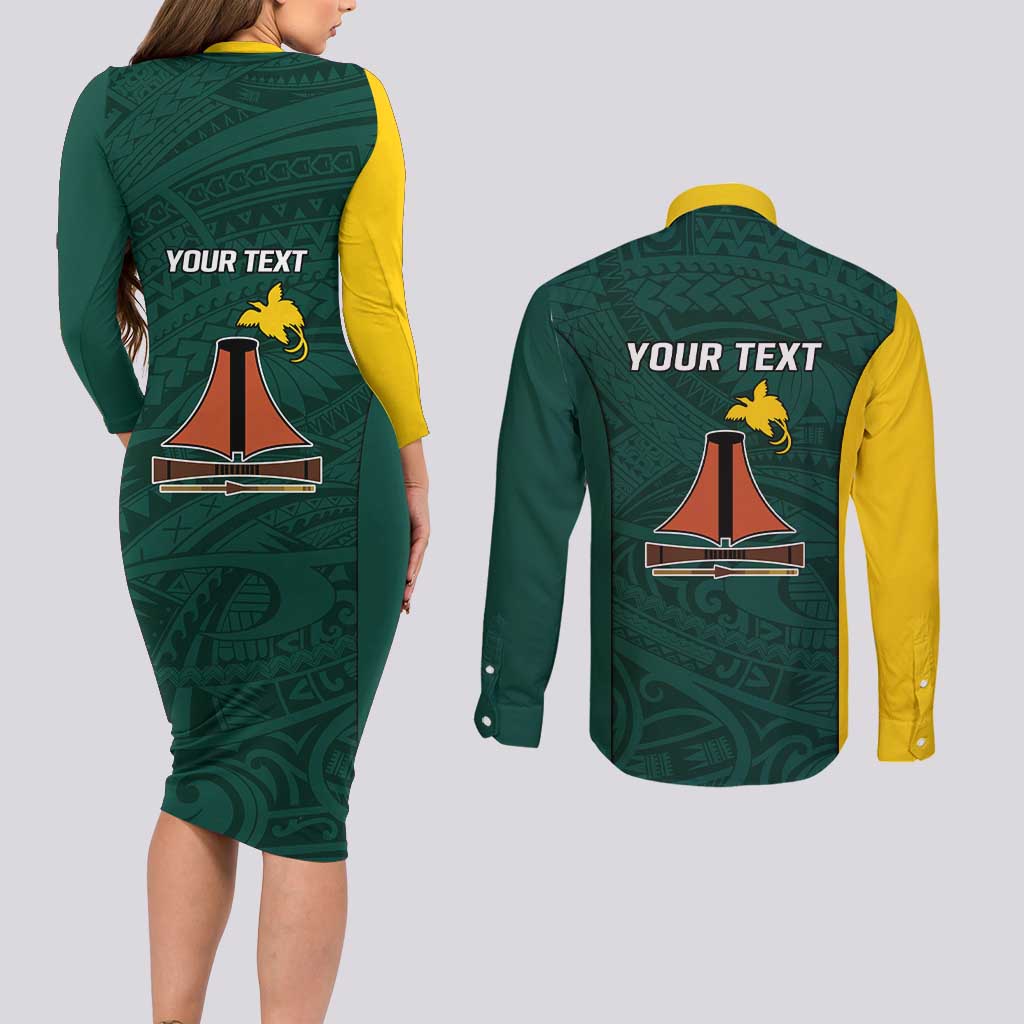 Personalised PNG Jiwaka Province Couples Matching Long Sleeve Bodycon Dress and Long Sleeve Button Shirt Bird of Paradise Tattoo Flag Motif LT9 - Polynesian Pride