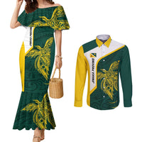 Personalised PNG Jiwaka Province Couples Matching Mermaid Dress and Long Sleeve Button Shirt Bird of Paradise Tattoo Flag Motif LT9 Green - Polynesian Pride