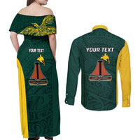 Personalised PNG Jiwaka Province Couples Matching Off Shoulder Maxi Dress and Long Sleeve Button Shirt Bird of Paradise Tattoo Flag Motif LT9 - Polynesian Pride