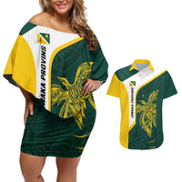 Personalised PNG Jiwaka Province Couples Matching Off Shoulder Short Dress and Hawaiian Shirt Bird of Paradise Tattoo Flag Motif LT9 Green - Polynesian Pride