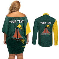 Personalised PNG Jiwaka Province Couples Matching Off Shoulder Short Dress and Long Sleeve Button Shirt Bird of Paradise Tattoo Flag Motif LT9 - Polynesian Pride