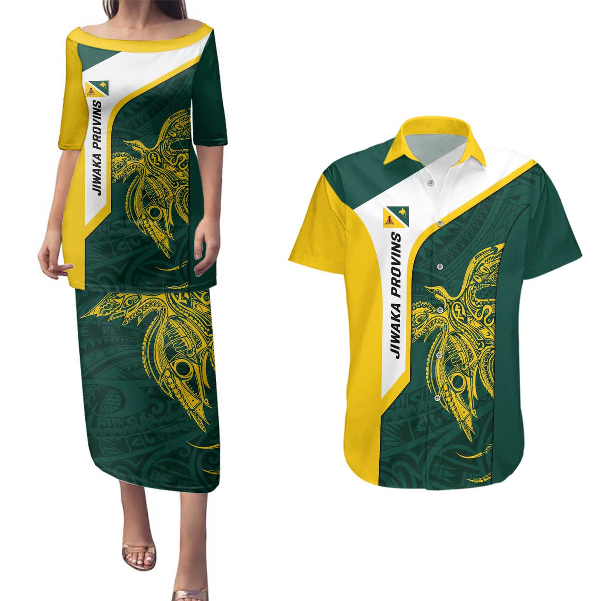 Personalised PNG Jiwaka Province Couples Matching Puletasi and Hawaiian Shirt Bird of Paradise Tattoo Flag Motif LT9 Green - Polynesian Pride