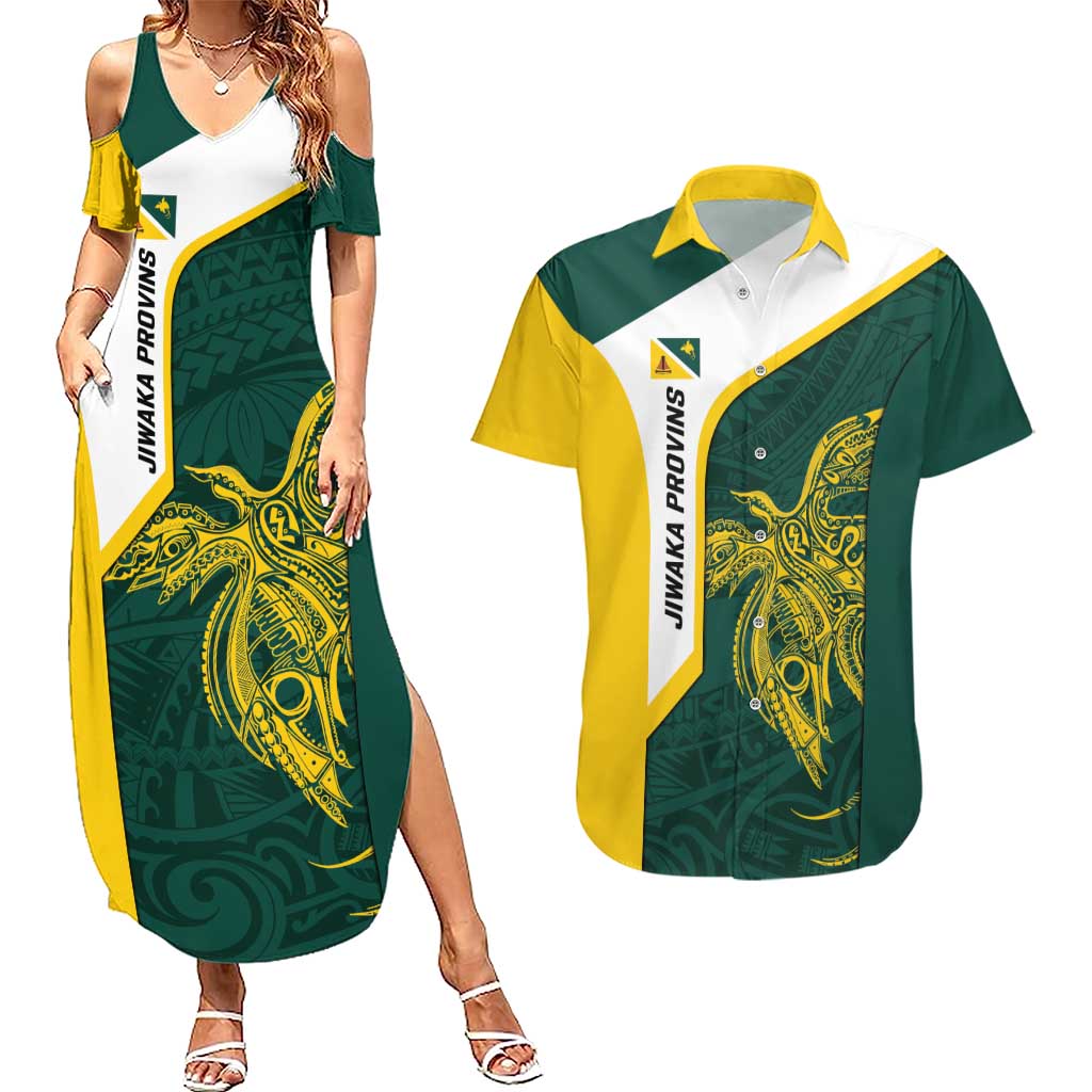 Personalised PNG Jiwaka Province Couples Matching Summer Maxi Dress and Hawaiian Shirt Bird of Paradise Tattoo Flag Motif LT9 Green - Polynesian Pride