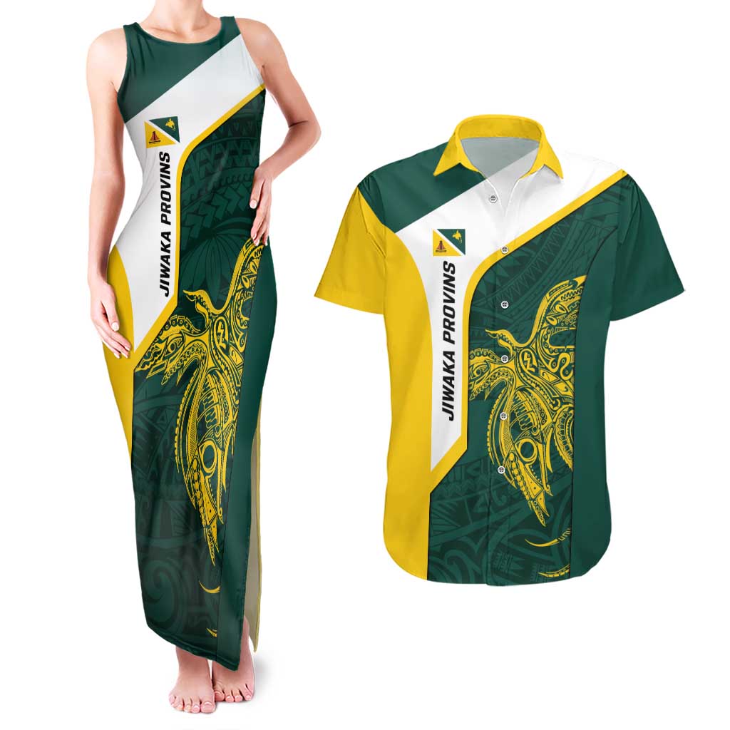 Personalised PNG Jiwaka Province Couples Matching Tank Maxi Dress and Hawaiian Shirt Bird of Paradise Tattoo Flag Motif LT9 Green - Polynesian Pride