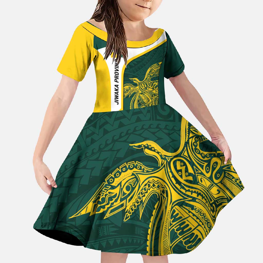 Personalised PNG Jiwaka Province Family Matching Long Sleeve Bodycon Dress and Hawaiian Shirt Bird of Paradise Tattoo Flag Motif LT9 Daughter's Dress Green - Polynesian Pride