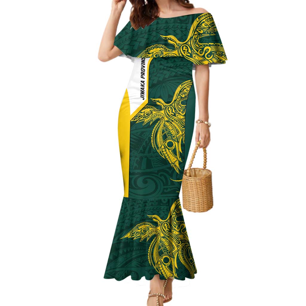 Personalised PNG Jiwaka Province Family Matching Mermaid Dress and Hawaiian Shirt Bird of Paradise Tattoo Flag Motif LT9 Mom's Dress Green - Polynesian Pride