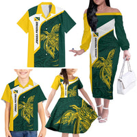 Personalised PNG Jiwaka Province Family Matching Off The Shoulder Long Sleeve Dress and Hawaiian Shirt Bird of Paradise Tattoo Flag Motif LT9 - Polynesian Pride