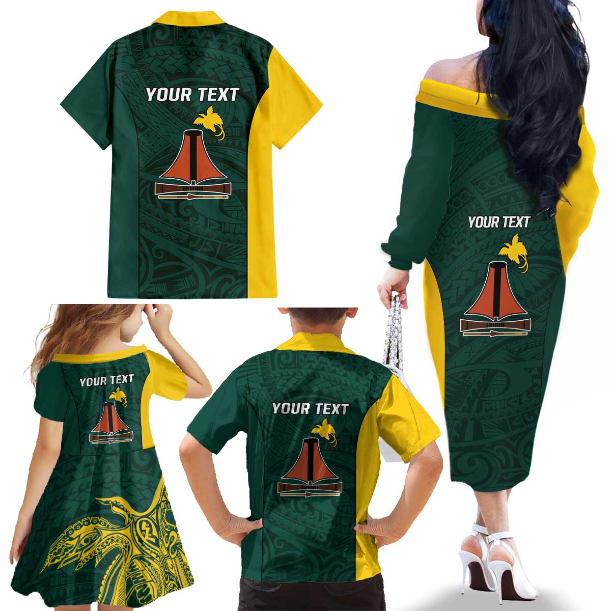Personalised PNG Jiwaka Province Family Matching Off The Shoulder Long Sleeve Dress and Hawaiian Shirt Bird of Paradise Tattoo Flag Motif LT9 - Polynesian Pride