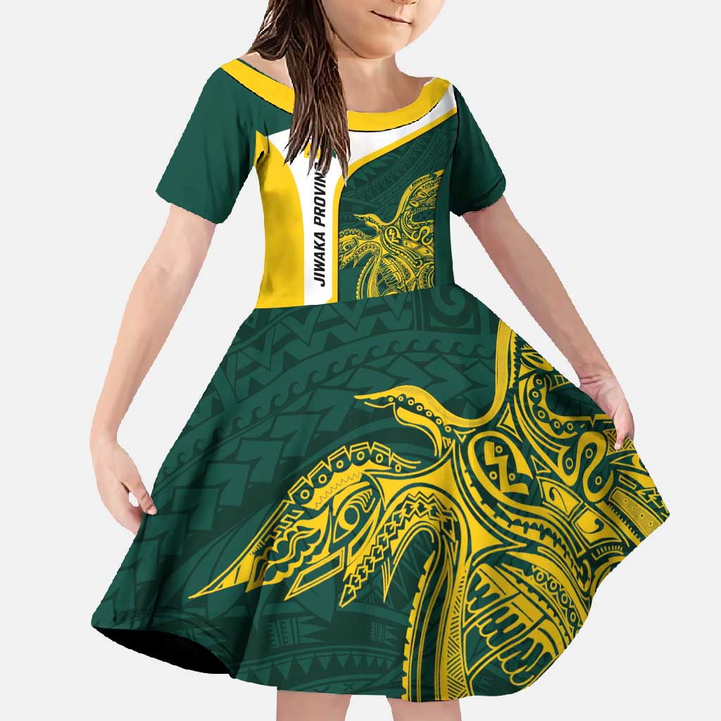 Personalised PNG Jiwaka Province Family Matching Off Shoulder Maxi Dress and Hawaiian Shirt Bird of Paradise Tattoo Flag Motif LT9 Daughter's Dress Green - Polynesian Pride