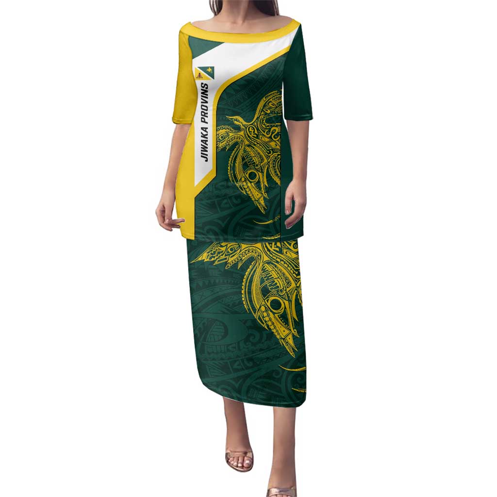 Personalised PNG Jiwaka Province Family Matching Puletasi and Hawaiian Shirt Bird of Paradise Tattoo Flag Motif LT9 Mom's Dress Green - Polynesian Pride