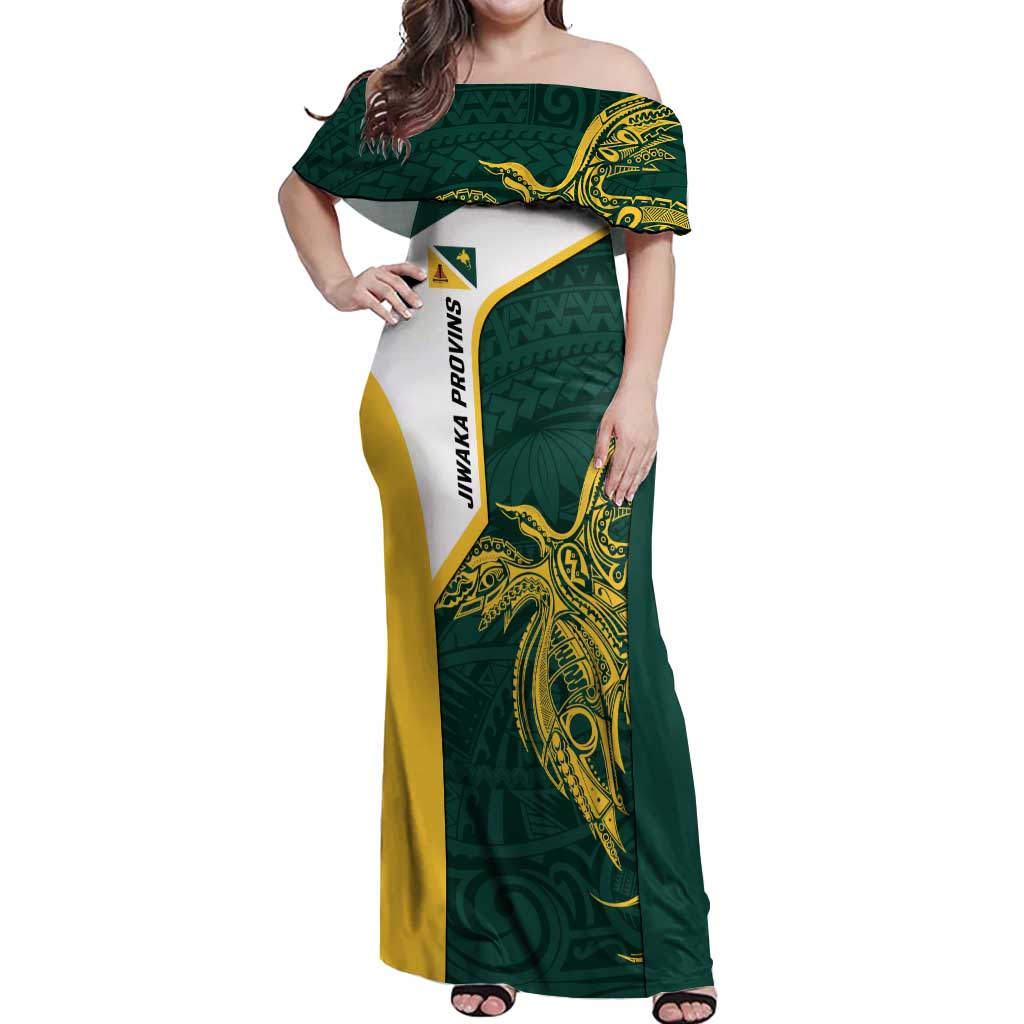Personalised PNG Jiwaka Province Off Shoulder Maxi Dress Bird of Paradise Tattoo Flag Motif LT9 Women Green - Polynesian Pride
