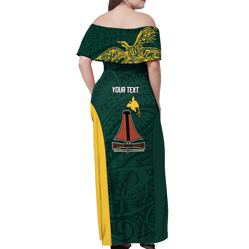 Personalised PNG Jiwaka Province Off Shoulder Maxi Dress Bird of Paradise Tattoo Flag Motif LT9 - Polynesian Pride