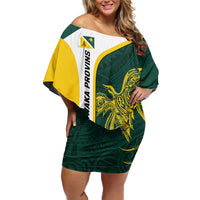 Personalised PNG Jiwaka Province Off Shoulder Short Dress Bird of Paradise Tattoo Flag Motif LT9 Women Green - Polynesian Pride