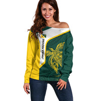 Personalised PNG Jiwaka Province Off Shoulder Sweater Bird of Paradise Tattoo Flag Motif LT9 Women Green - Polynesian Pride