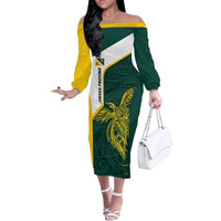 Personalised PNG Jiwaka Province Off The Shoulder Long Sleeve Dress Bird of Paradise Tattoo Flag Motif LT9 Women Green - Polynesian Pride