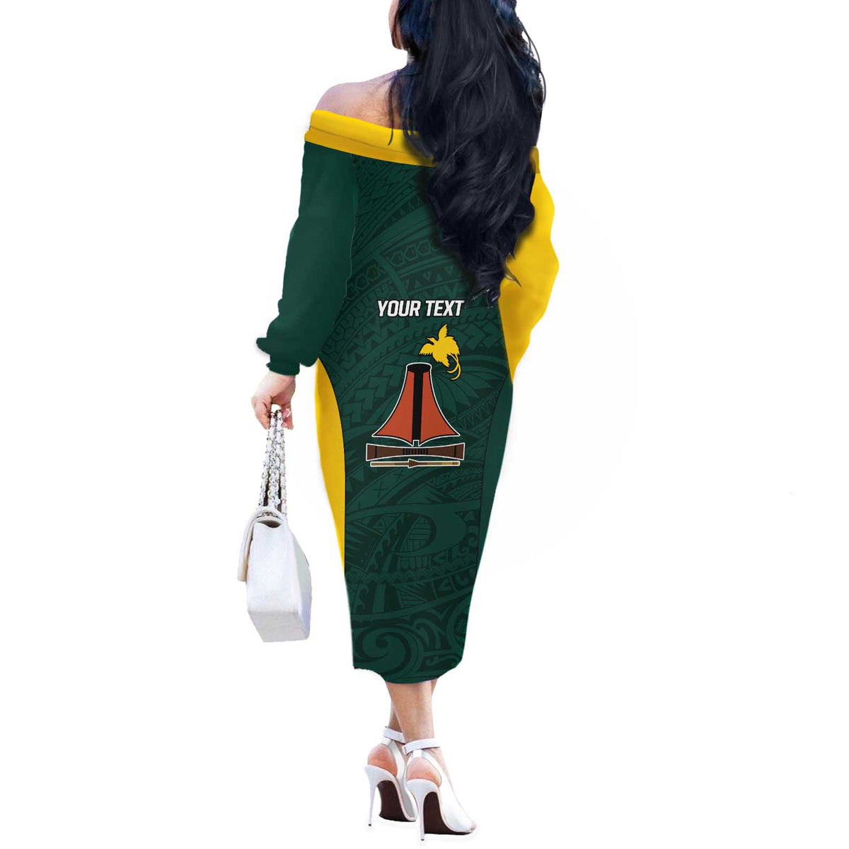 Personalised PNG Jiwaka Province Off The Shoulder Long Sleeve Dress Bird of Paradise Tattoo Flag Motif LT9 - Polynesian Pride