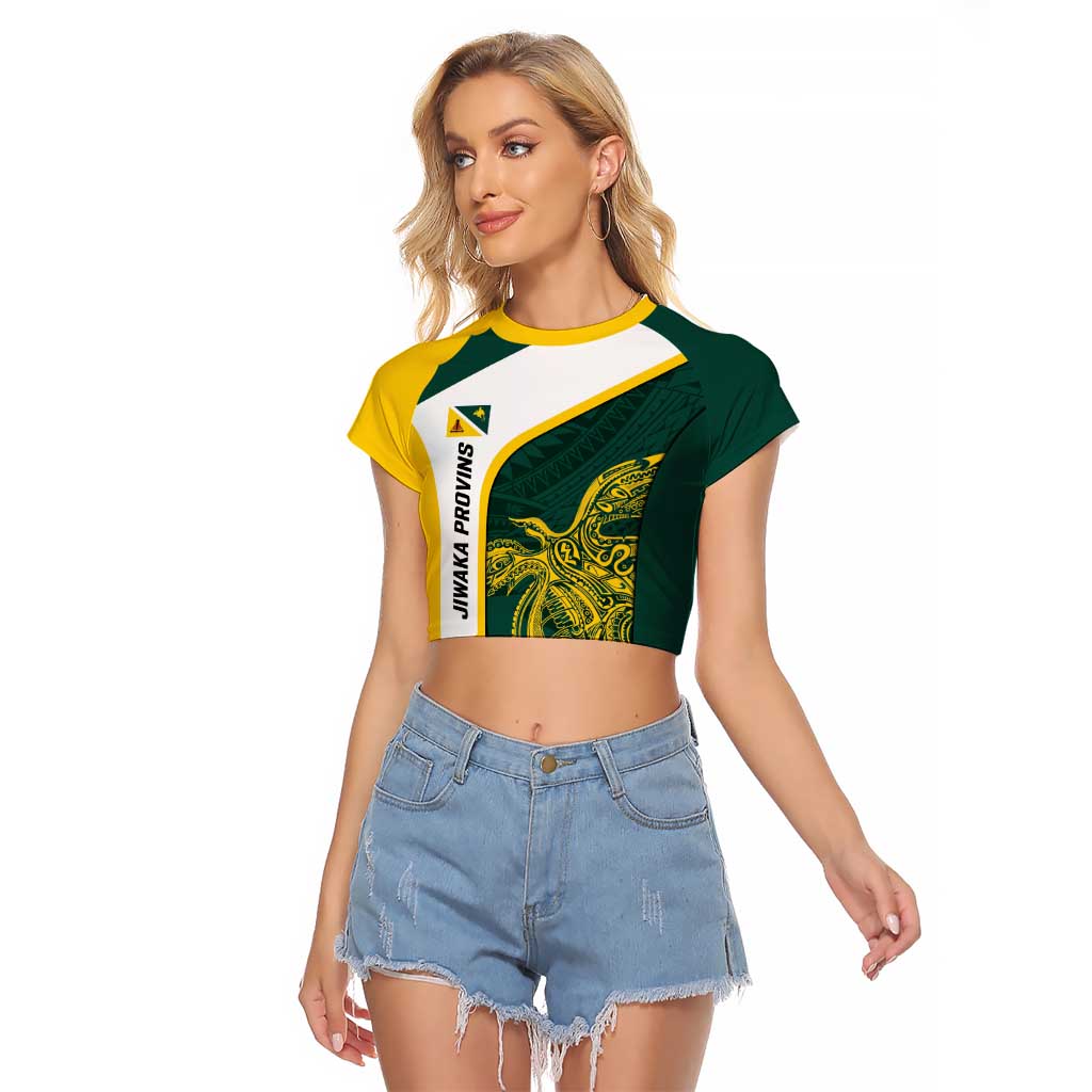 Personalised PNG Jiwaka Province Raglan Cropped T Shirt Bird of Paradise Tattoo Flag Motif LT9 Female Green - Polynesian Pride