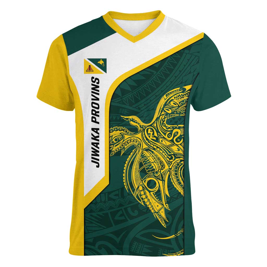 Personalised PNG Jiwaka Province Women V-Neck T-Shirt Bird of Paradise Tattoo Flag Motif LT9 Female Green - Polynesian Pride